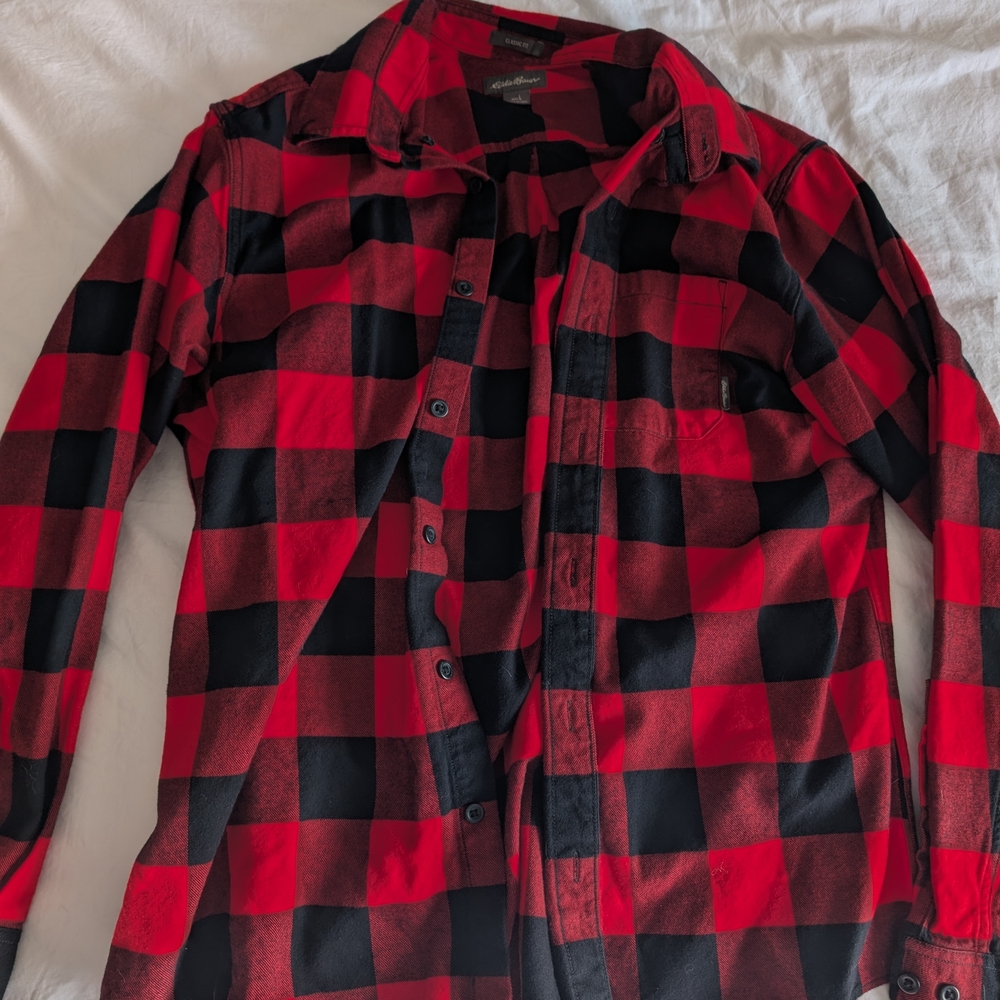 Eddie Bauer Flannel Red and Black Plaid Button-Up Shirt